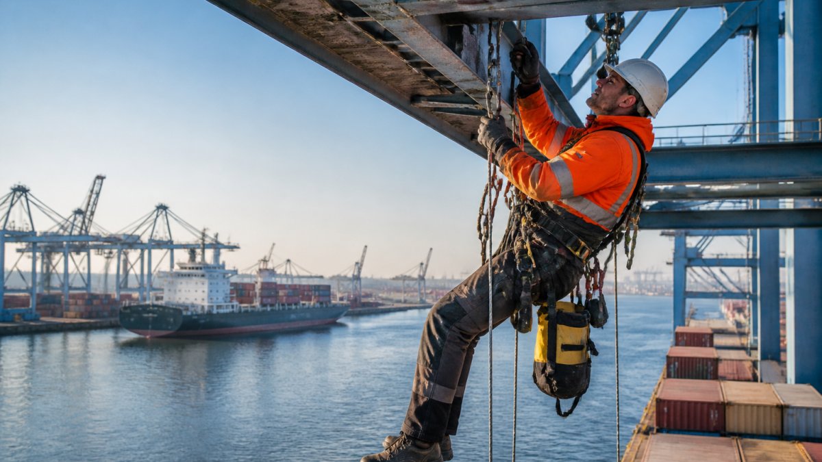 Technician in rope access gear performing port facility maintenance on a crane structure above the water